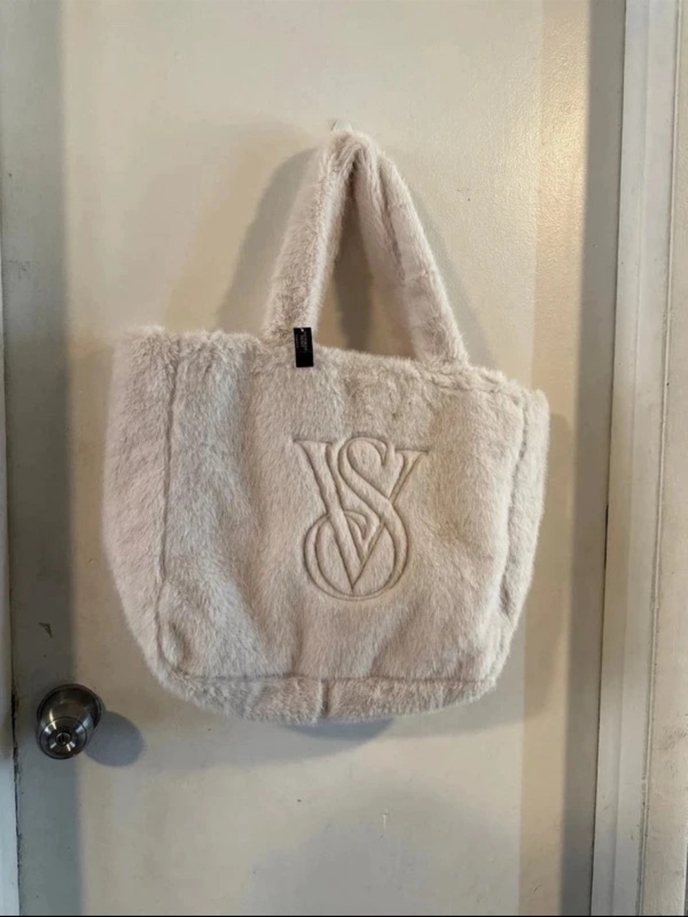 Victoria's Secret Cream Faux Fur Tote with Embossed VS Logo